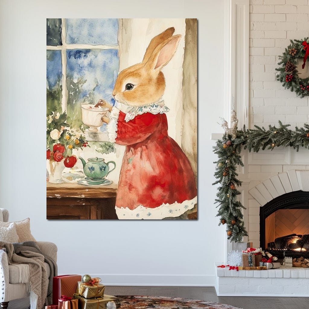 Tablou Canvas Premium LuxCanva® D1047, Iepurasul Rosu si Aroma Ceaiului ,  Iepure, Ceai, Fereastra, Nostalgie, Elegant, Living Room, Culori vibrante