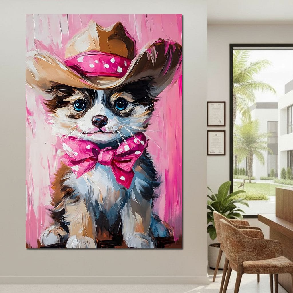tablou canvas cu un catelus cu palarie de cowboy si fundita roz cu buline, pe fundal pictat in nuante deschise de roz