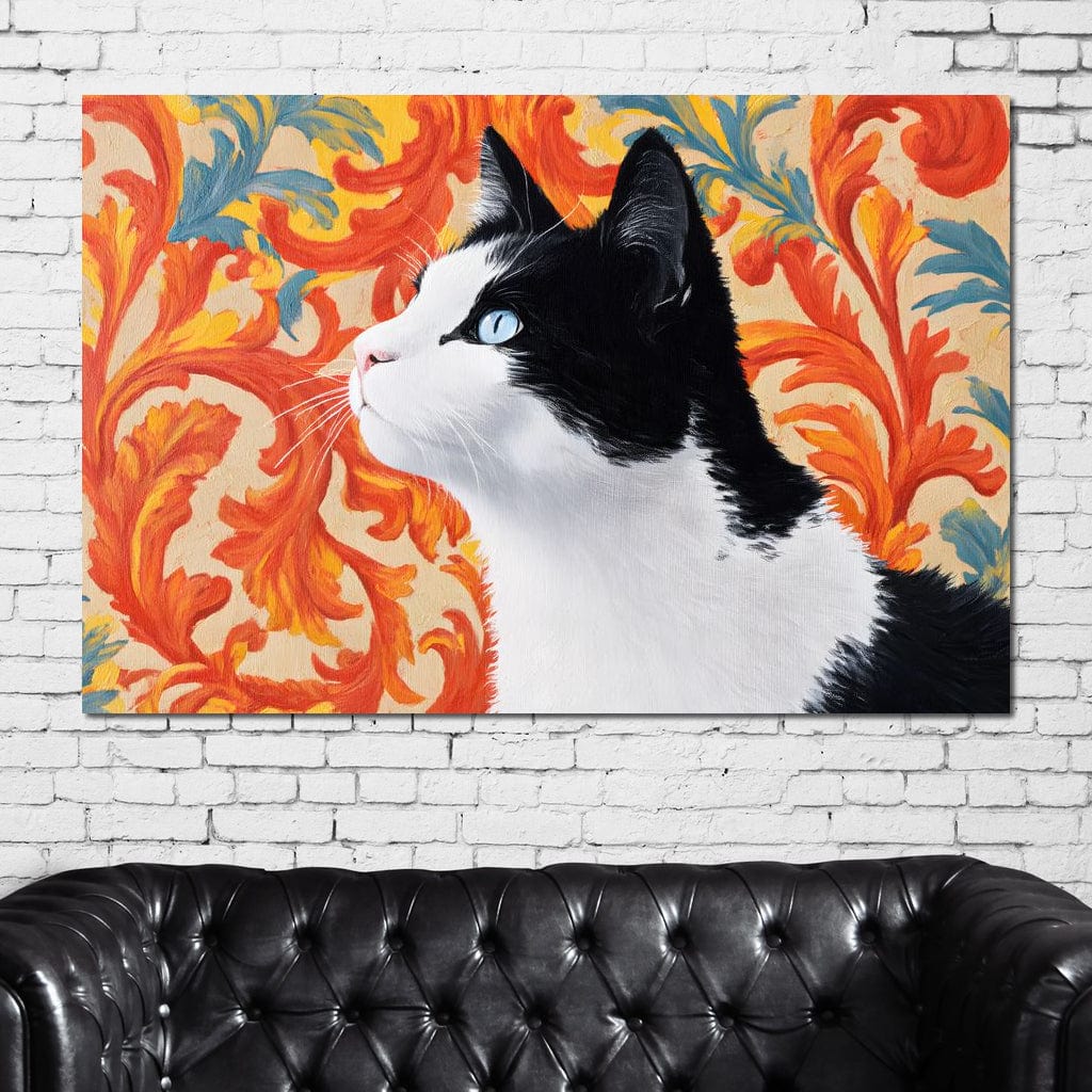 tablou canvas cu o pisica surprinsa din profil, cu blana in alb si negru, pe fundal abstract si ornamental pictat in tonuri de portocaliu, galben si albastru