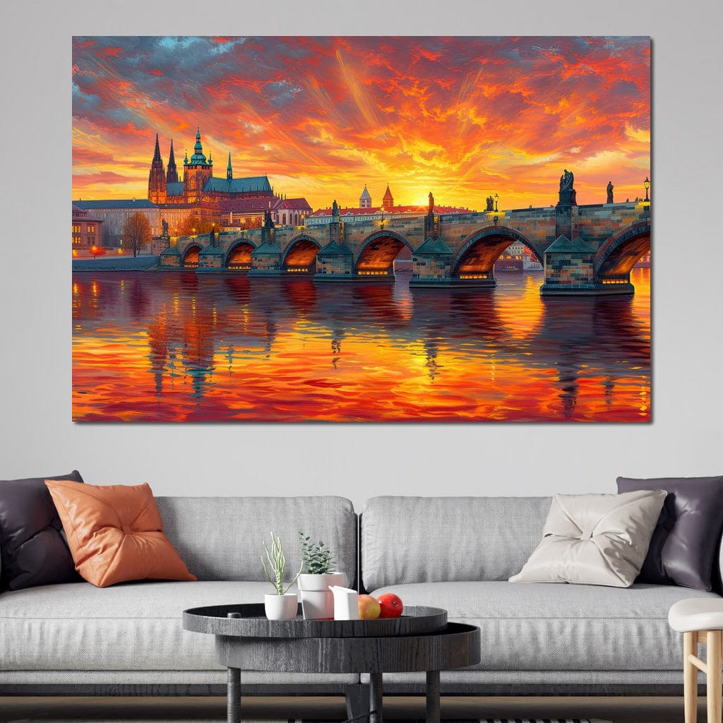 Tablou Canvas Premium, LuxCanva® O1001, Praga in Flacarile Cerului, Pod, Apus, Carol, Reflexii, Aur, Magie, Oras, Rau, Catedrala, Romantism, Medieval, City, Splendoare, Birou, Living, Dormitor