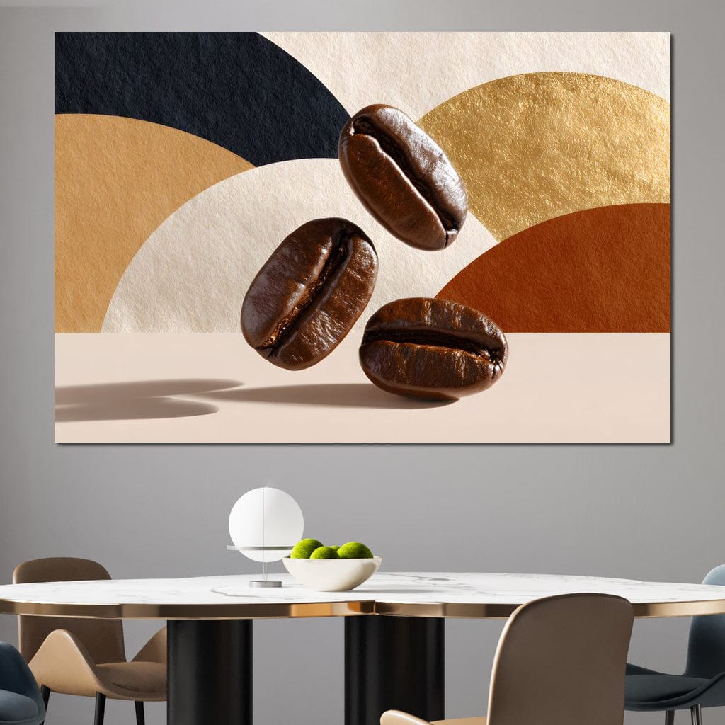 tablou canvas cu trei boabe de cafea pe fundal abstract cu cercuri in nuante de bej, auriu si aramiu