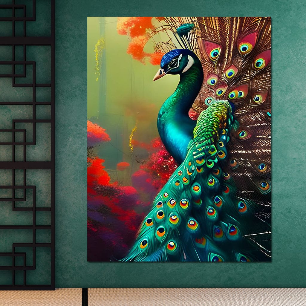 tablou canvas cu un paun in culori vii si fundal de poveste