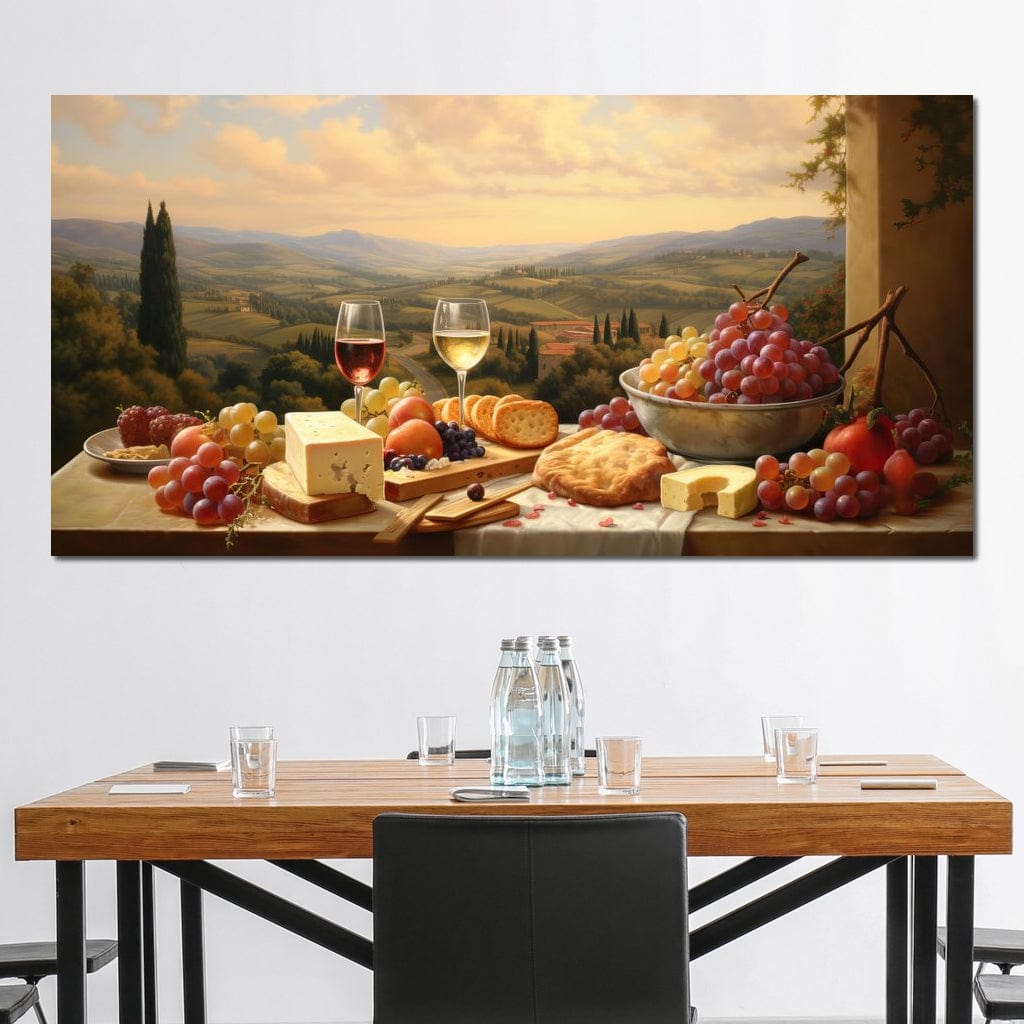 tablou canvas cu o masa traditionala, cu fructe si mancare, doua pahare de vin rosu si alb, cu o priveliste naturala cu dealuri si vegetatie