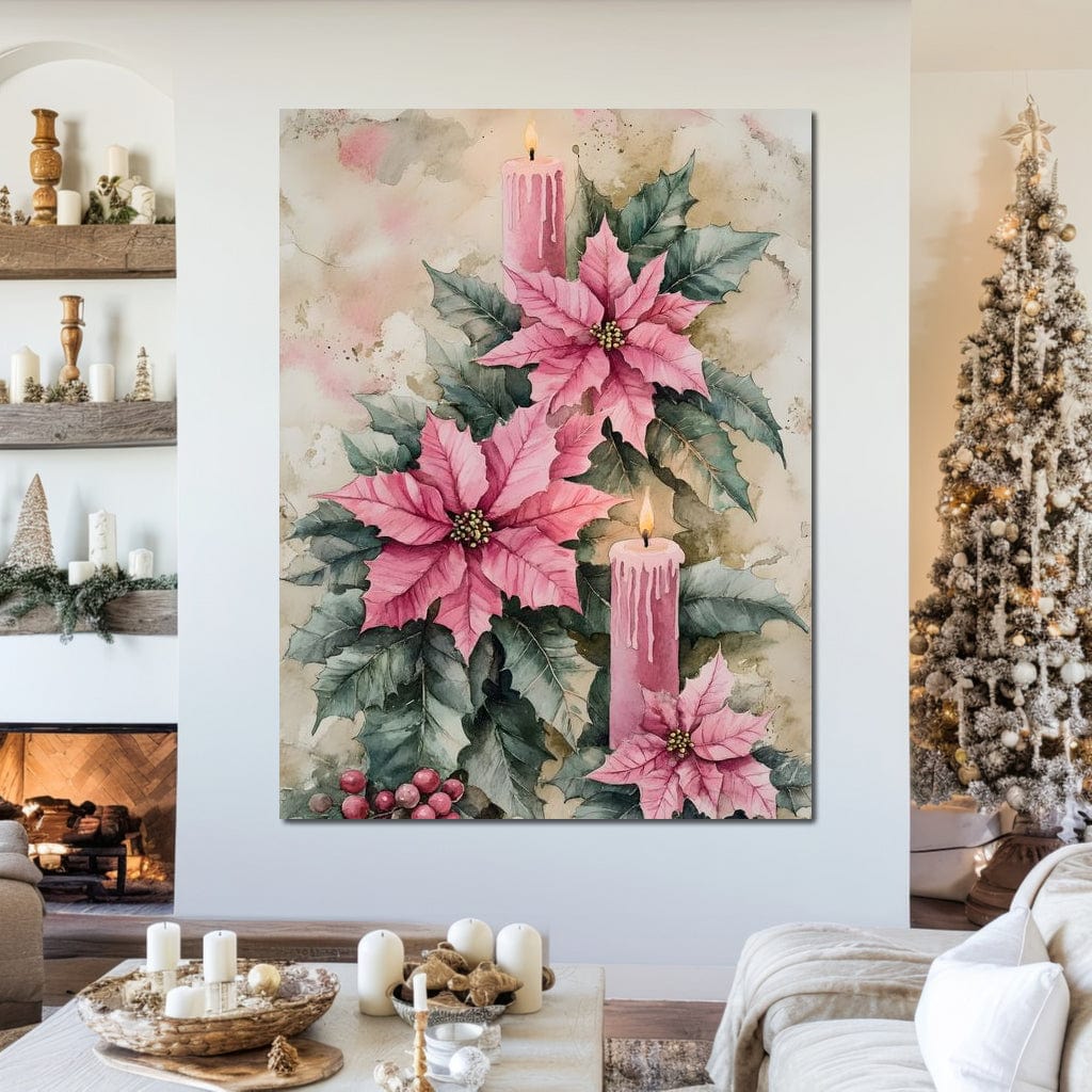 Tablou Canvas Premium, LuxCanva® D1076, Floarea Craciunului Roz, Poinsettia, Lumanari, Aprins, Craciun, Flori, Festiv, Roz, Verde, Magie, Caldura, Petale, Décor, Lumina, Camera Copil, Living, Dormitor