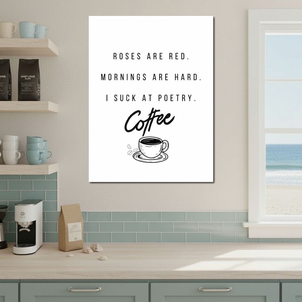 tablou canvas cu o poezie amuzanta in scris negru, pe fundal alb cu desenul unei cesti cu cafea