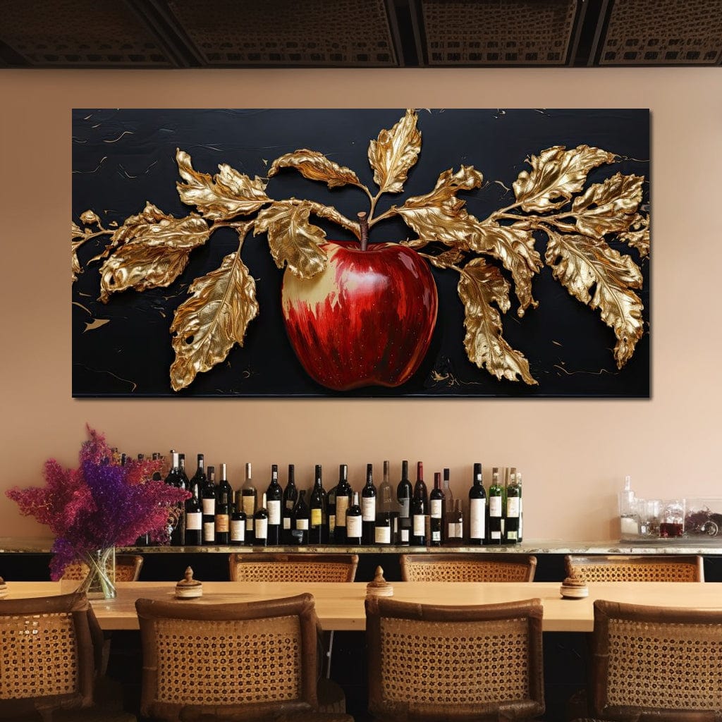 tablou canvas cu un mar rosu cu frunze aurii pe fundal negru cu accente aurii