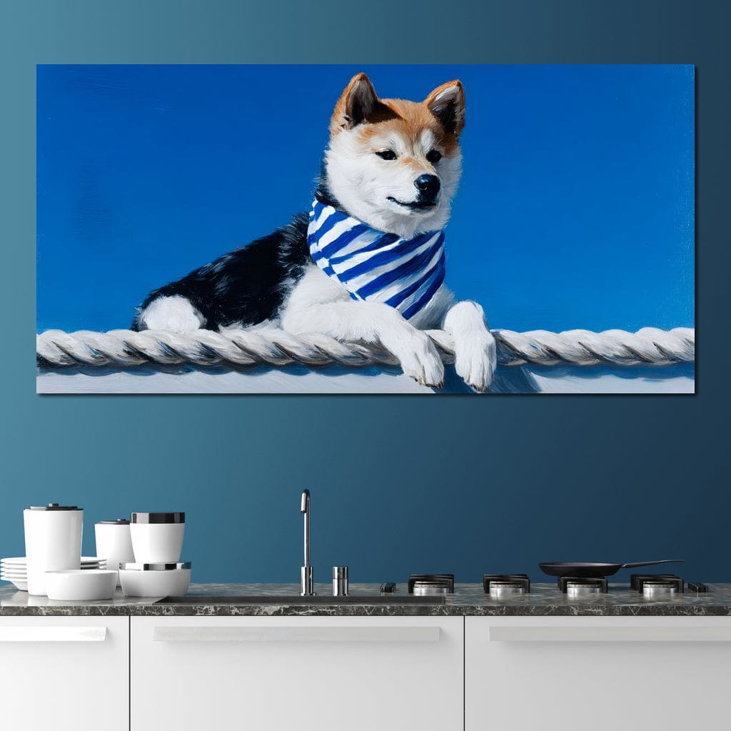 tablou canvas cu un caine shiba inu, purtand o esarfa marinareasca, sprijinit pe o franghie groasa pe fundal albastru