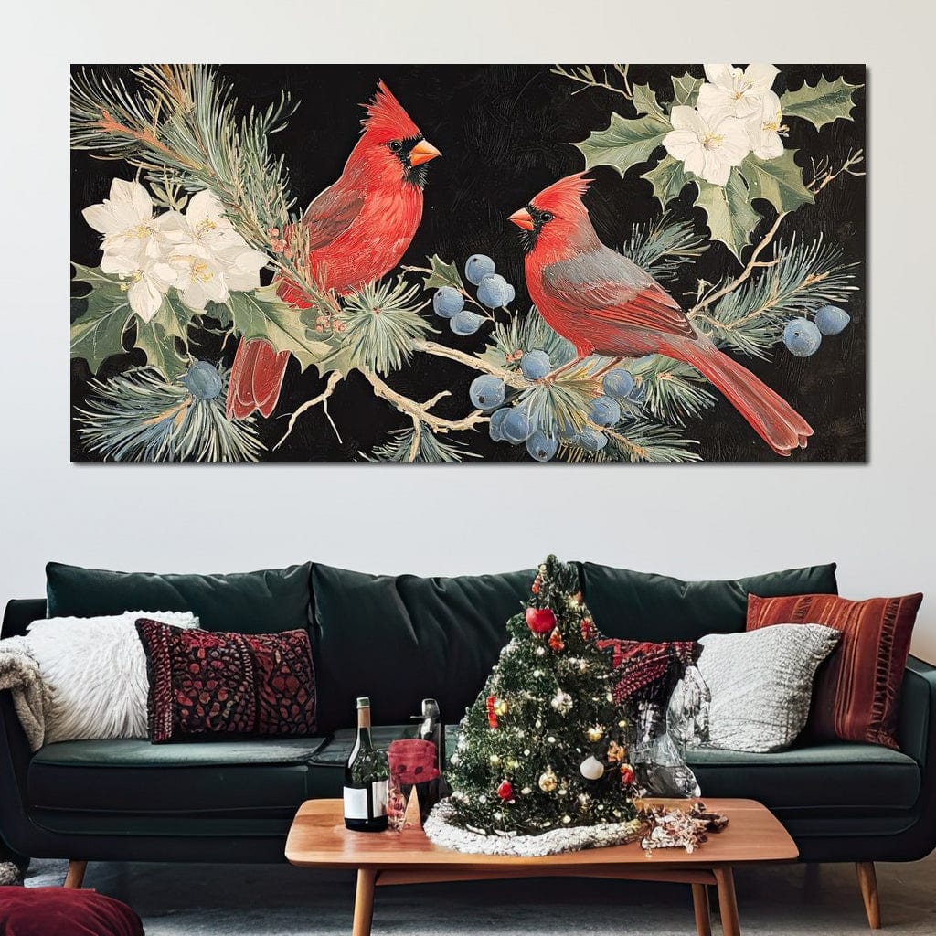 Tablou Canvas Premium LuxCanva® D1043, Cardinali in Pacea Iernii , Cardinali, Rosu, Dragoste, Pereche, Iarna, Living Room, Culori vibrante