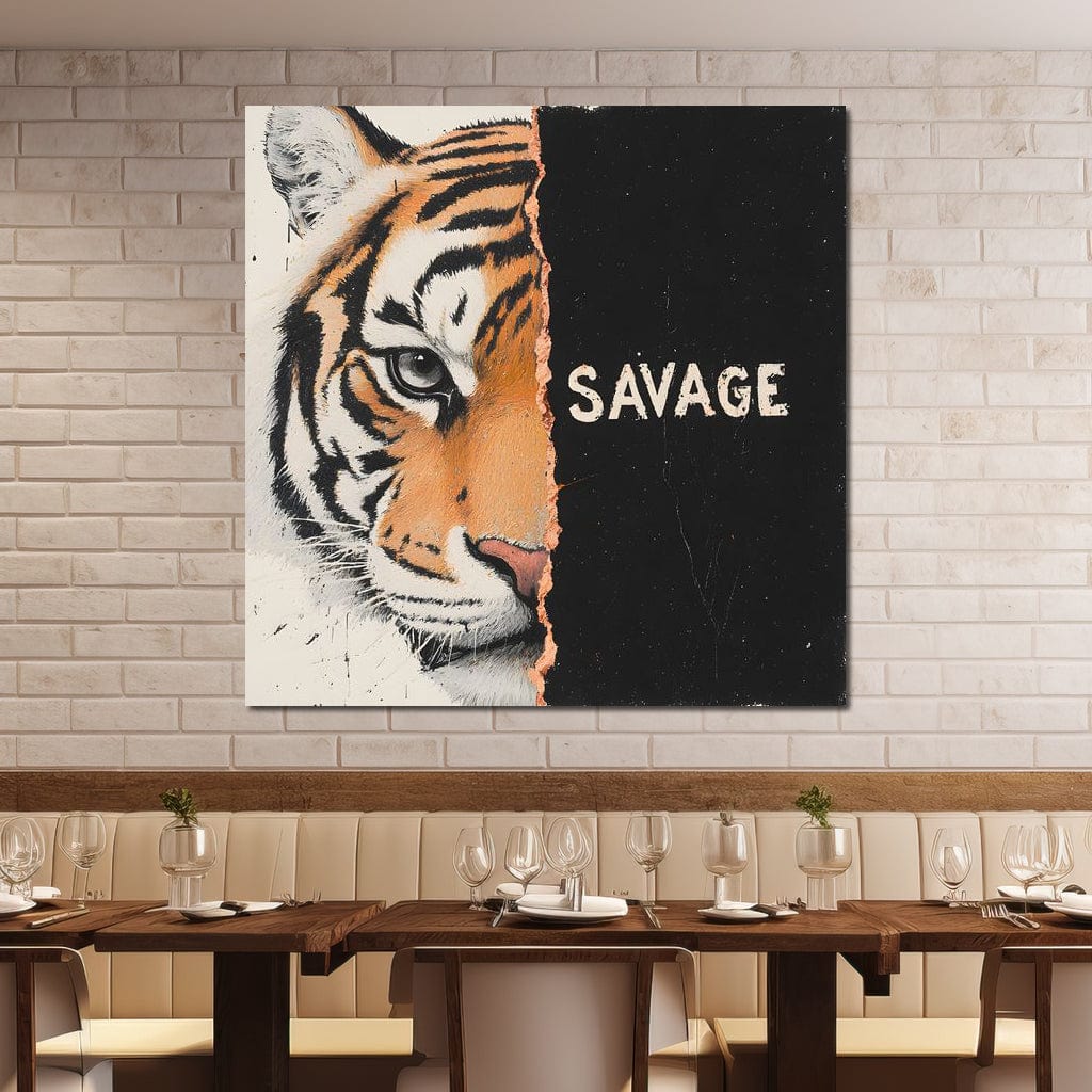 tablou canvas cu jumatatea unui chip de tigru, iar pe cealalta jumatate un text alb pe fundal negru