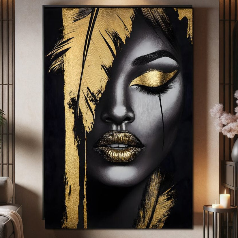 Tablou Canvas Premium, LuxCanva® G1150, Lacrima Unei Zeite, Auriu, Tacere, Liniste, Inger, Pana, Noapte, Intuneric, Frumusete, Regina, Buze, Sarut, Salon, Birou, Living, Dormitor