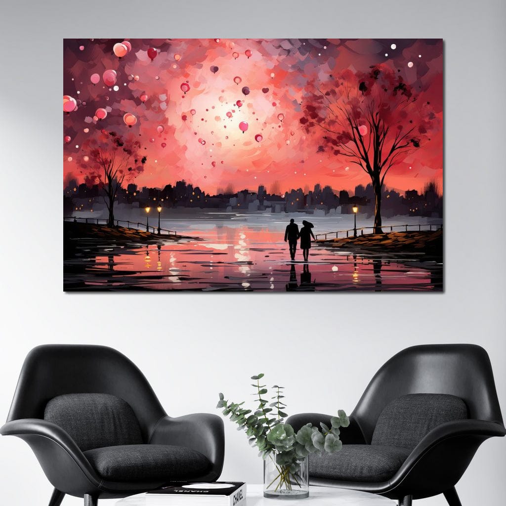 Tablou Canvas Premium LuxCanva® E1021, Plimbare Sub Cerul Inflacarat, Apus, Doi, Cuplu, Apa, Urban, Living Room, Culori vibrante