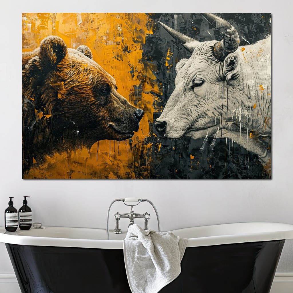 tablou canvas cu un urs si un taur fata in fata pe fundal galben si negru