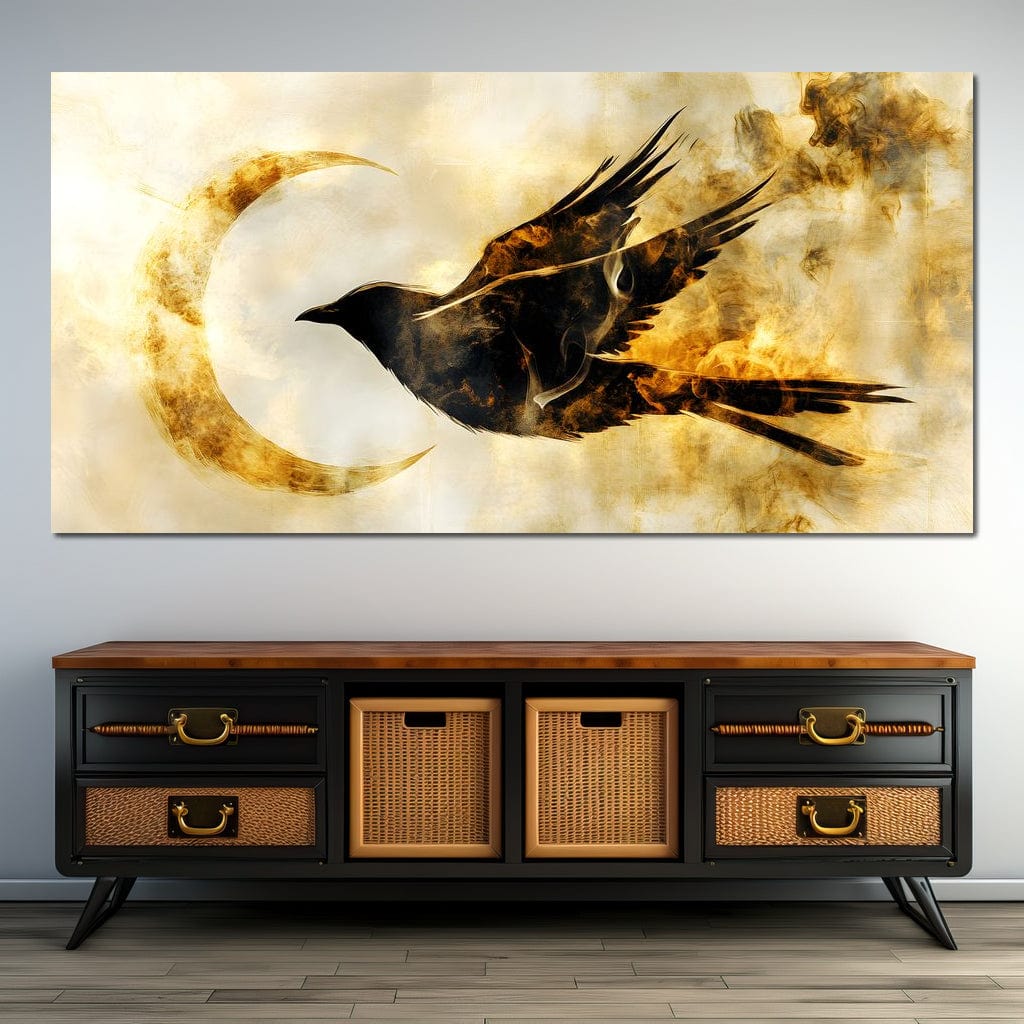tablou canvas cu silueta unei pasari negre in zbor printre flacari, langa o semiluna pe fundal bej cu efect de fum