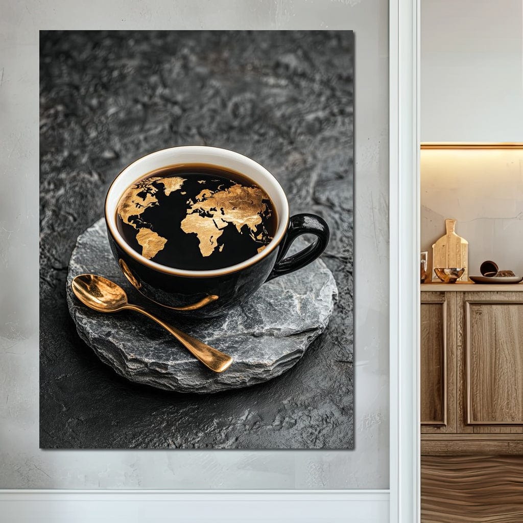 tablou canvas cu harta lumii in nuante aurii, intr-o ceasca cu cafea neagra, alaturi de o lingurita de aur, pe fundal texturat de piatra