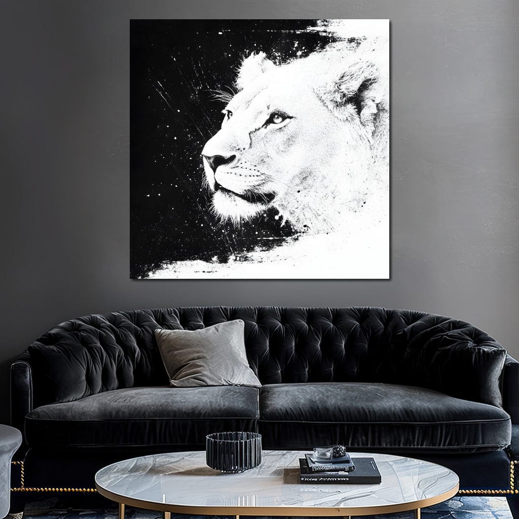 tablou canvas cu un chip de leoaica redat in alb si negru, pe fundal intunecat