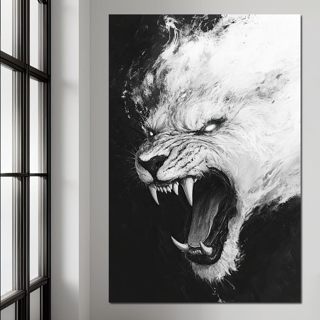 tablou canvas cu un tigru strigoi, redat in nuante de alb si negru, pe fundal intunecat