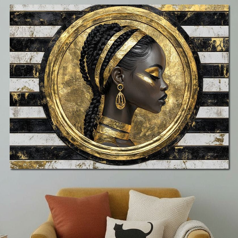 Tablou Canvas Premium, LuxCanva® G1229, Portret Afro Modern, Regalitate, Aur, Negru, Ecou, Putere, Liniste, Zeitate, Modern, Cerc, Esenta, Minimalism, Lux, Contrast, Sofisticat, Salon, Living, Dormitor
