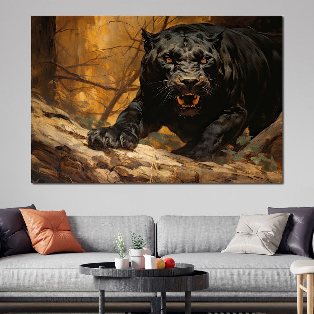 tablou canvas cu o pantera neagra in moment de vanatoare, pe fundal de padure in nuante calde