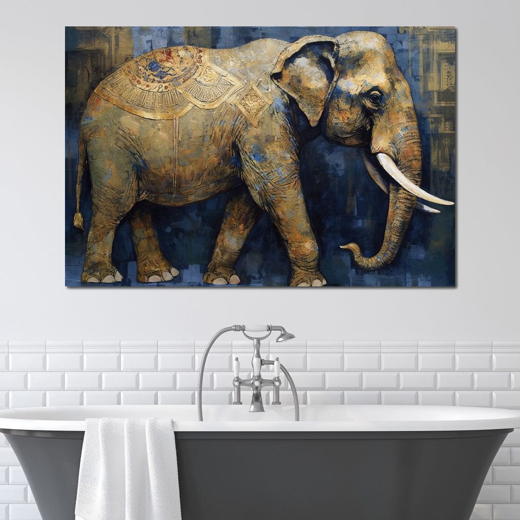 tablou canvas cu un elefant decorat in stil oriental, redat din profil intr-o paleta de tonuri pamantii si albastre, pe fundal texturat