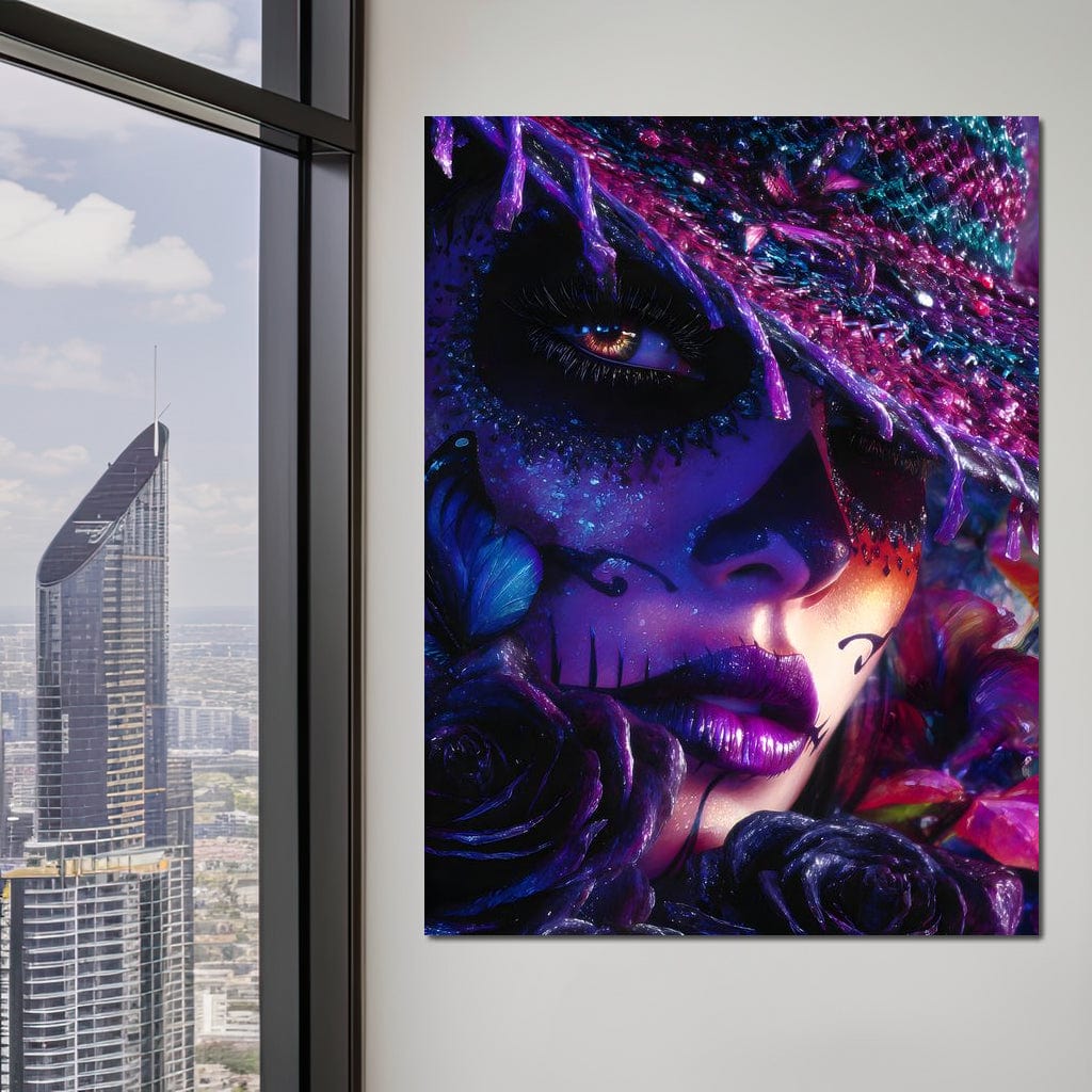 Tablou Canvas Premium, LuxCanva® G1156, Privirea care Vrajeste, Noapte, Mov, Palarie, Tatuaj, Trandafiri, Violet, Suflet, Ratacire, Mexic, Decorativ, Intens, Fascinant, Birou, Living, Dormitor