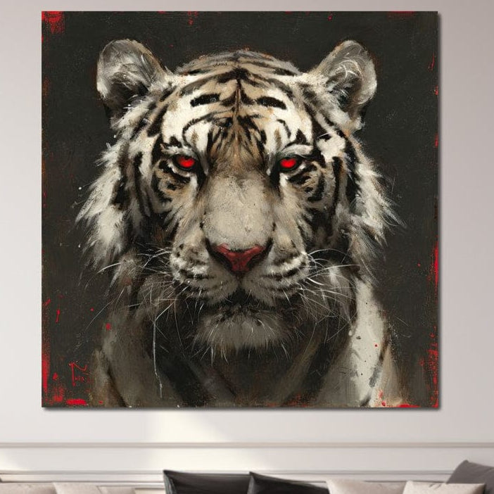 tablou canvas cu un tigru cu ochii rosii si privire patrunzatoare, pe fundal intunecat cu accente picturale rosii