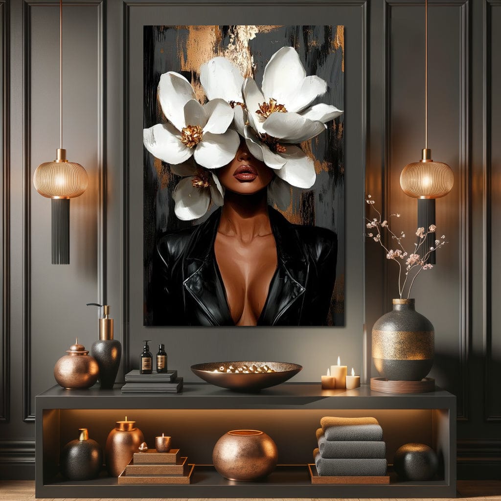 Tablou Canvas Premium, LuxCanva® G1188, Magnolii si Piele, Fragil, Jacheta, Piele, Senzualitate, Fashion, Art, Forta, Gratie, Monocrom, Taina, Trup, Atitudine, Birou, Living, Dormitor