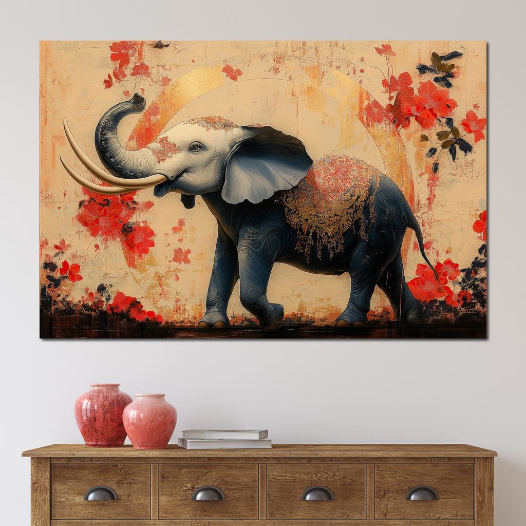tablou canvas cu un elefant elegant, pictat in tonuri de negru si gri cu accente aurii, pe fundal cald bej-auriu in stil oriental