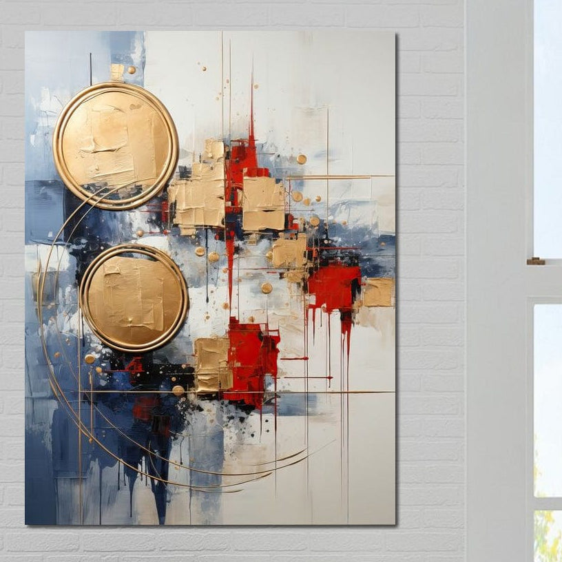 Tablou Canvas Premium, LuxCanva® J1018, Alchimie Geometrica,  Arta, Abstracta, Cercuri, Auriu, 3D, Orbita, Cobalt, Simbolism, Design, Decoratiune, Magie, Living, Dormitor