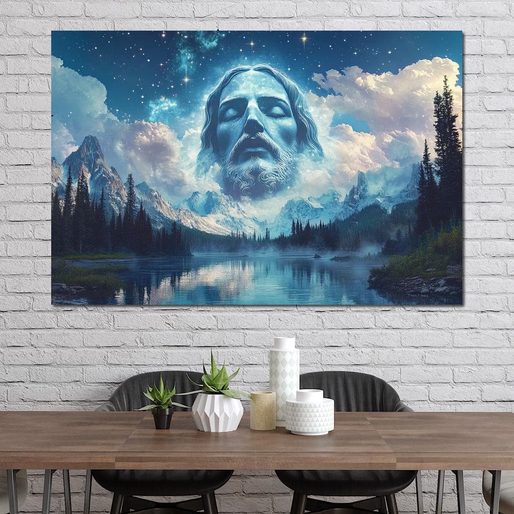 Tablou Canvas Premium LuxCanva® H1048, Intre Cer si Pamant, Iisus, Nori, Munti, Apa, Sacrificiu, Mantuire, Credinta, Har, Spiritualitate, Arta Religioasa, Living, Dormitor