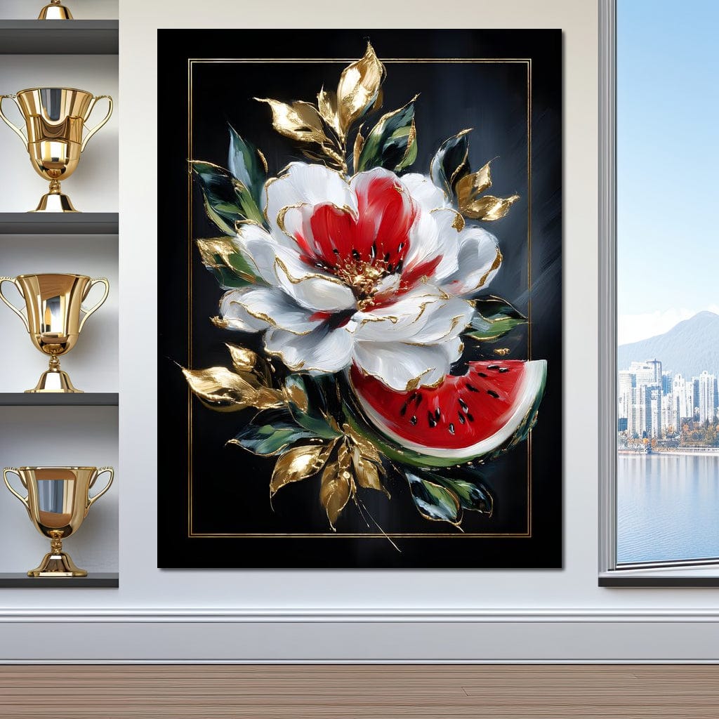 tablou canvas cu o floare alba, o felie de pepene verde si frunze aurii pe fundal negru cu accente aurii