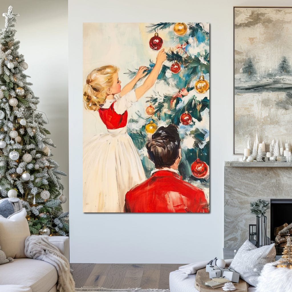 Tablou Canvas Premium LuxCanva® D1016, Fetita Impodobind Bradul , Ramuri, Brad, Impodobit, Familie, Globuri, Living Room, Culori vibrante