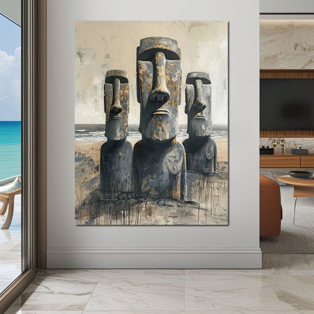 Tablou Canvas Premium, LuxCanva® O1056, Misterele Insulei Pastelui, Gardian, Tacere, Moai, Strajer, Chipuri, Tacere, Piatra, Chile, Civilizatie, Pierdut, Statui, Pacific, Cultura, Birou, Living, Dormitor