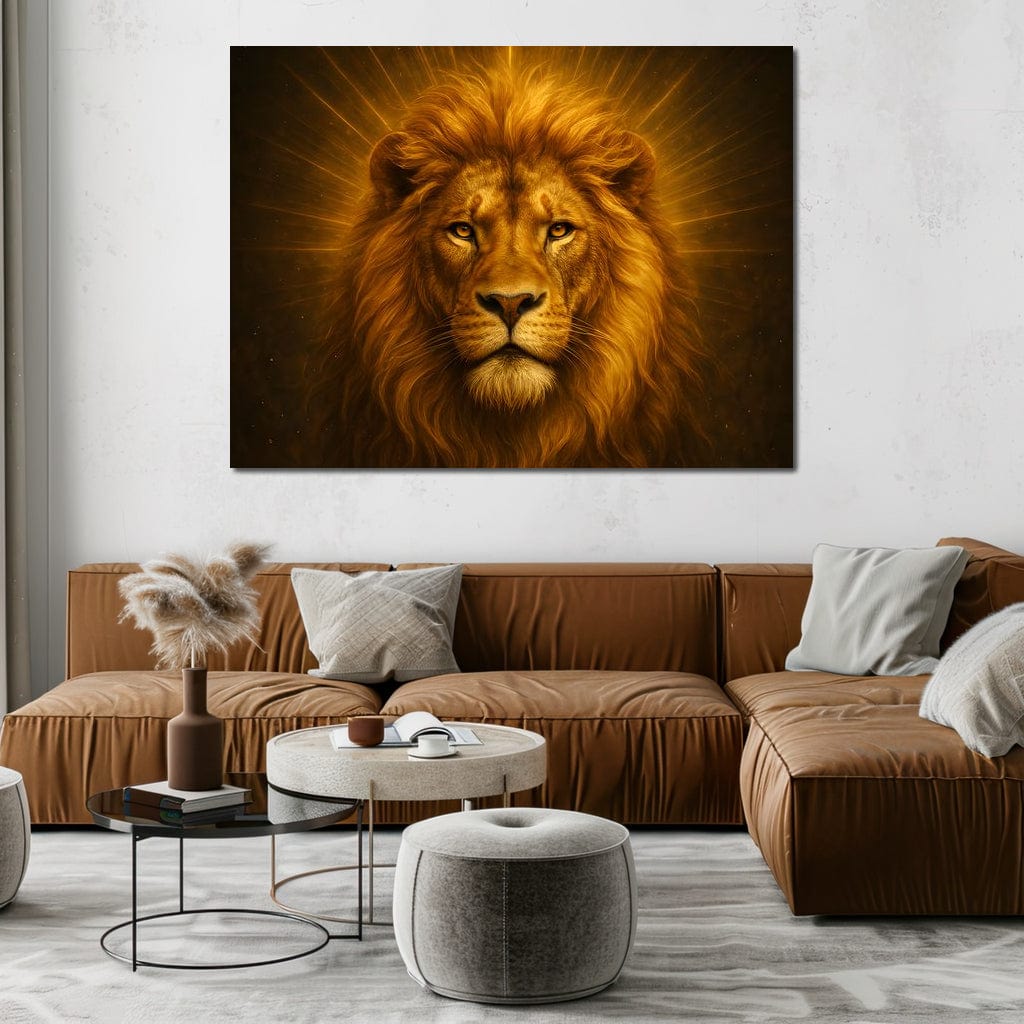 tablou canvas cu un leu surprins frontal in nuante calde, pe fundal luminos