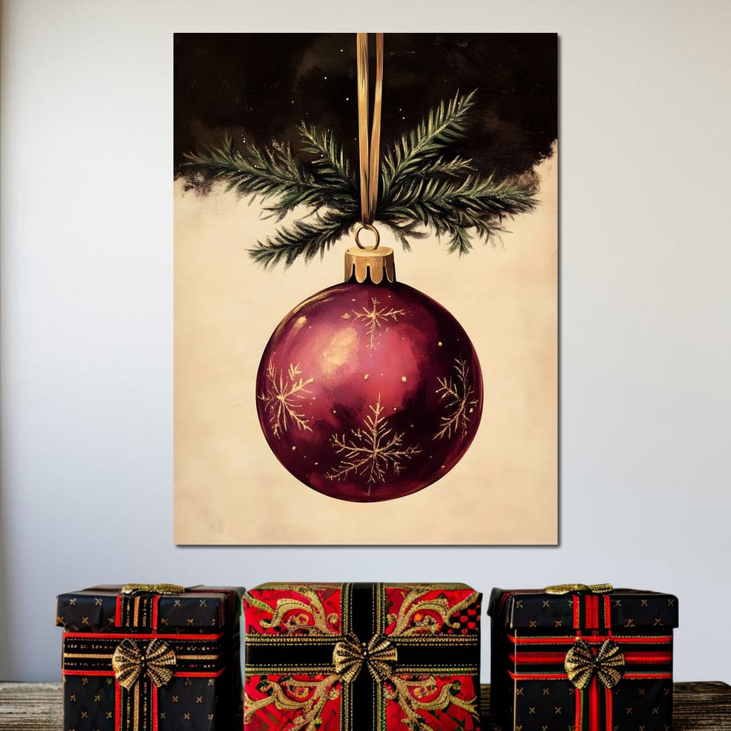 Tablou Canvas Premium, LuxCanva® D1078, Glob Regal, Stralucire, Visiniu, Frumusete, Aur, Rosu, Ramura, Verde, Brad, Podoaba, Iarna, Festiv, Panglica, Atemporal, Clasic, Camera Copil, Living, Dormitor