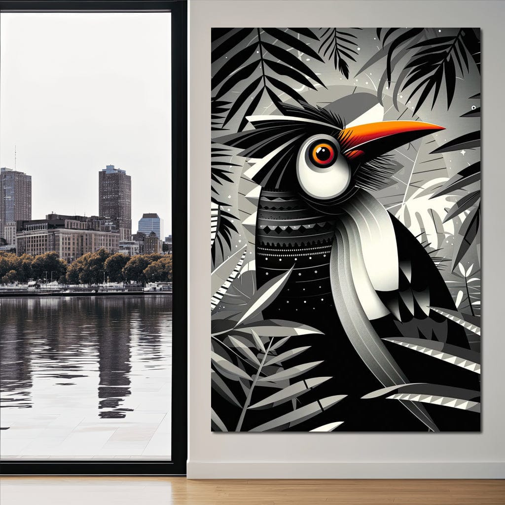 tablou canvas cu o pasare exotica cu cioc portocaliu pe fundal de jungla abstracta alb si negru