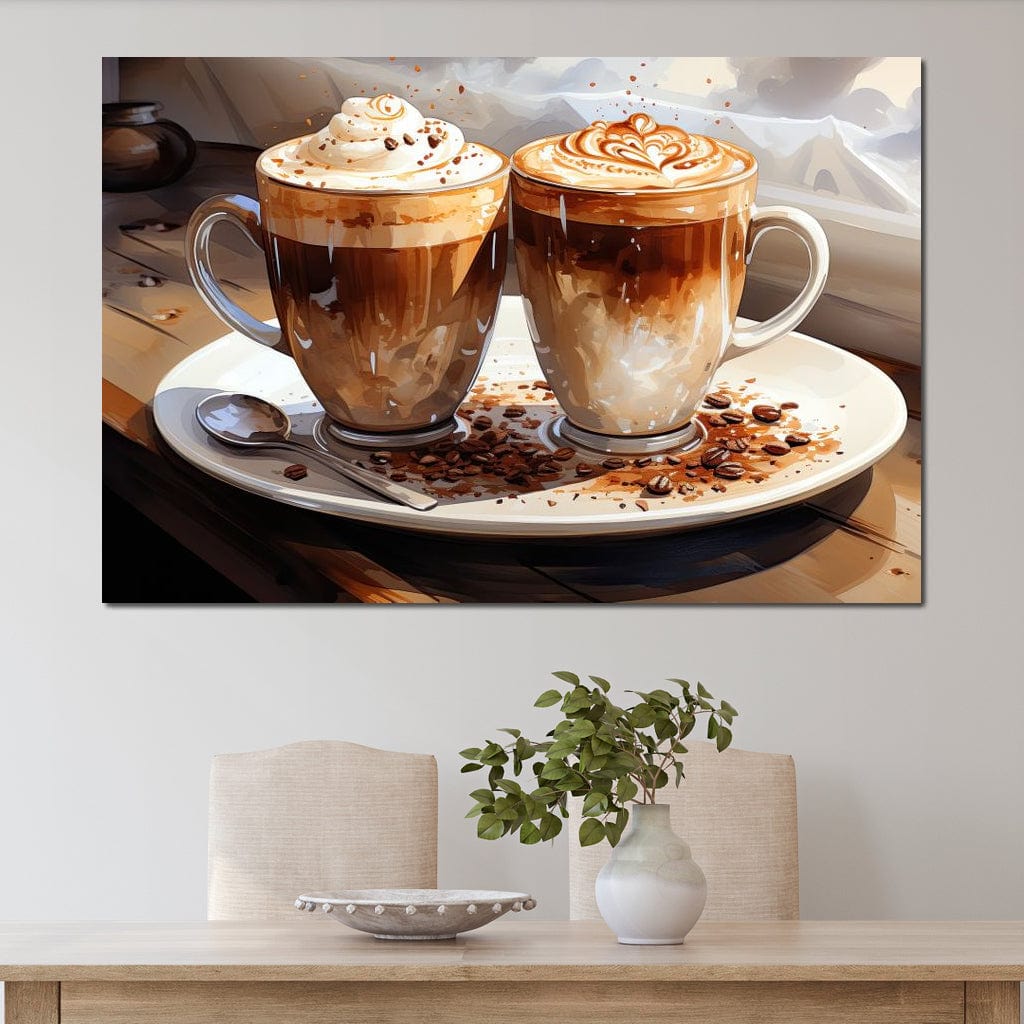 tablou canvas cu doua cesti cu cafea cu frisca si spuma, pe o farfurie cu boabe de cafea, intr-un peisaj rustic cu masa de lemn