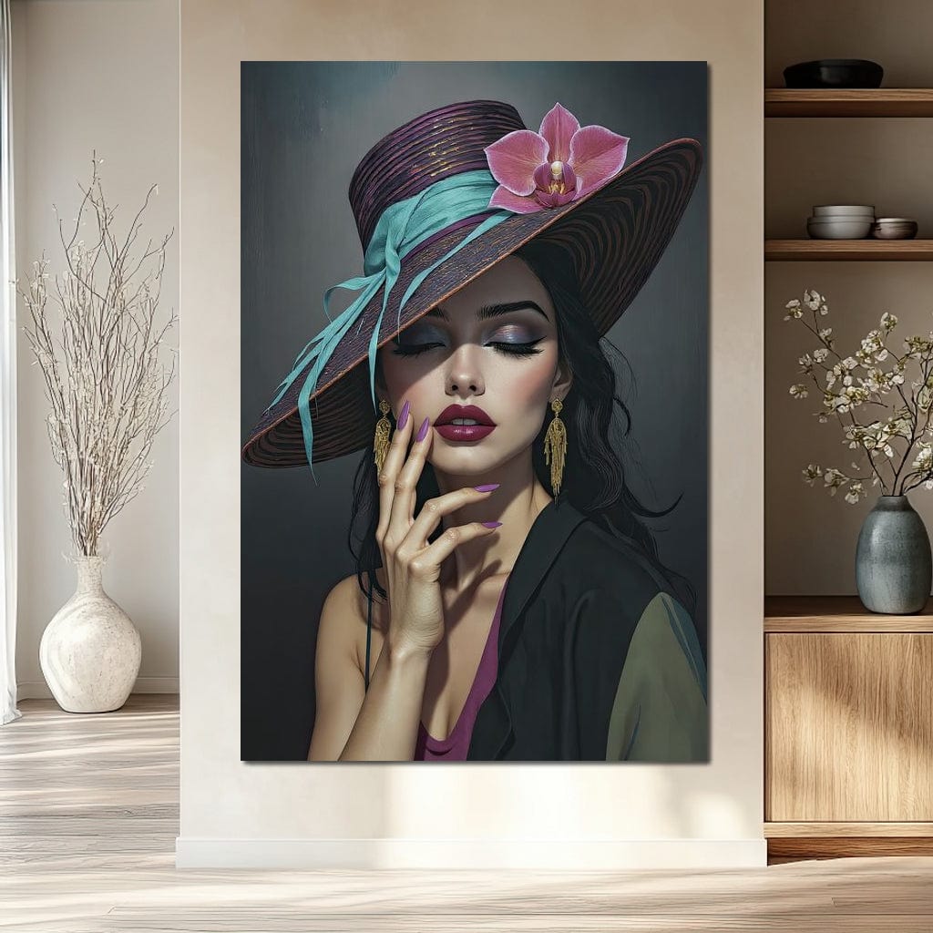 Tablou Canvas Premium, LuxCanva® G1214, Femeia Contemplativa, Lady, Palarie, Eleganta, Floare, Orhidee, Retro, Rafinament, Gratie, Divin, Vis, Privire, Catifea, Zeita, Salon, Birou, Living, Dormitor