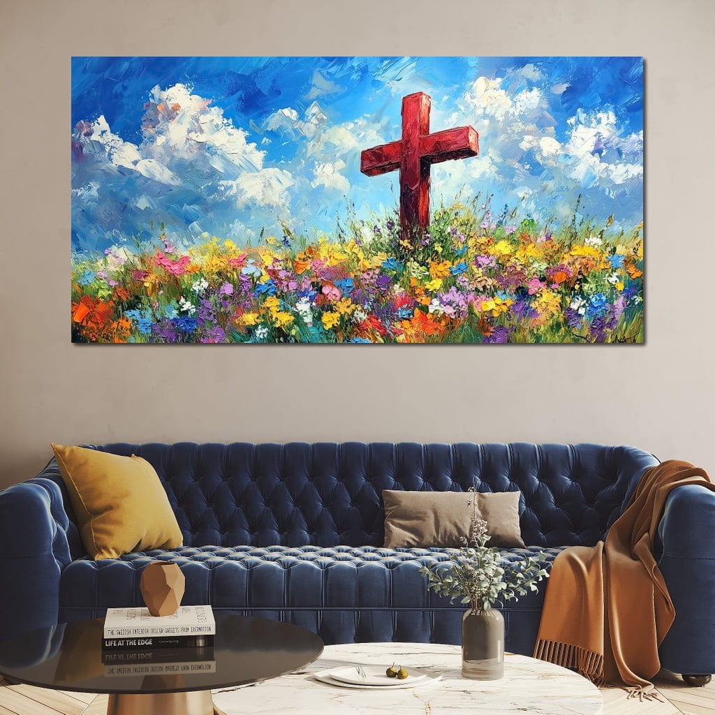 Tablou Canvas Premium LuxCanva® H1059, Gradina Raiului, Credinta, Cruce, Flori, Gradina, Lumina, Rasarit, Speranta, Puritate, Spiritualitate, Simbol Sacru, Living, Dormitor