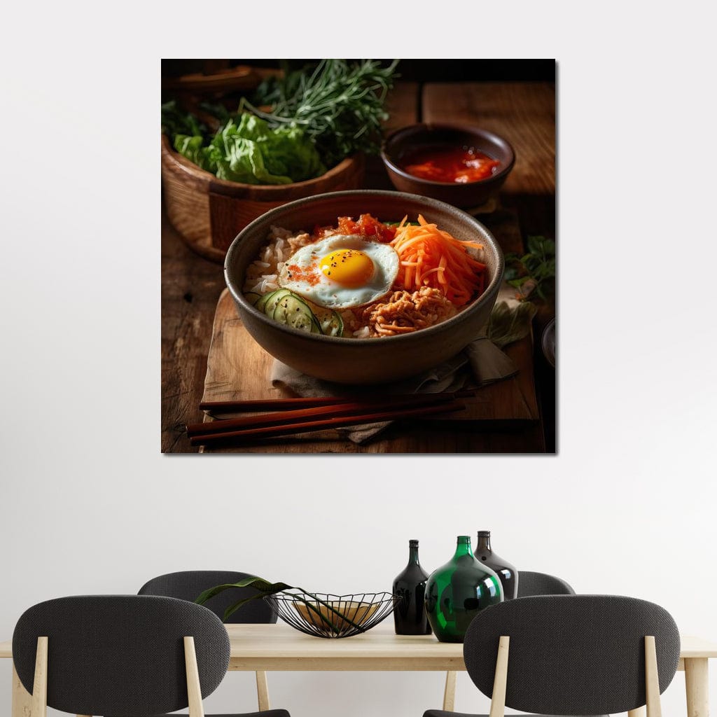 tablou canvas cu mancare asiatica, cu ou prajit, morcovi, orez si castraveti intr-un bol oriental, pe o masa de lemn alaturi de sos rosu si verdeturi