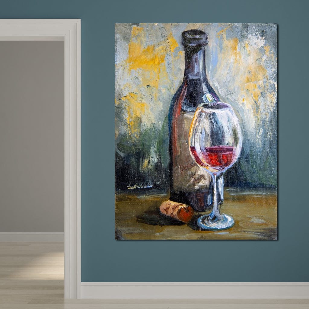 tablou canvas cu o sticla de vin cu dop de lemn si un pahar de vin rosu, pictate in stil rustic