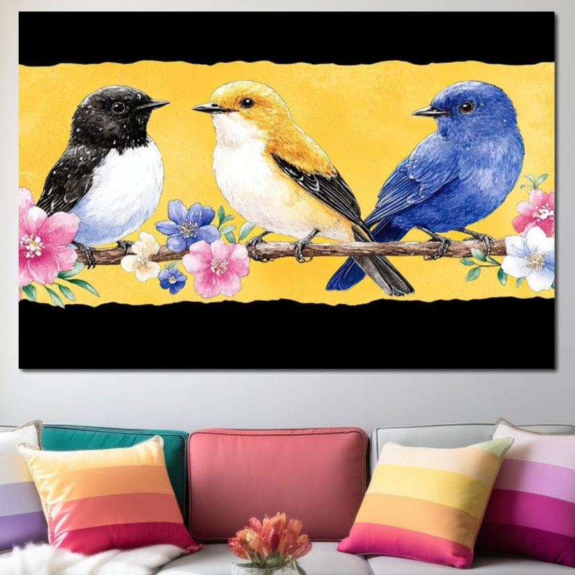 tablou canvas cu trei pasari colorate pe o creanga cu flori pe fundal galben