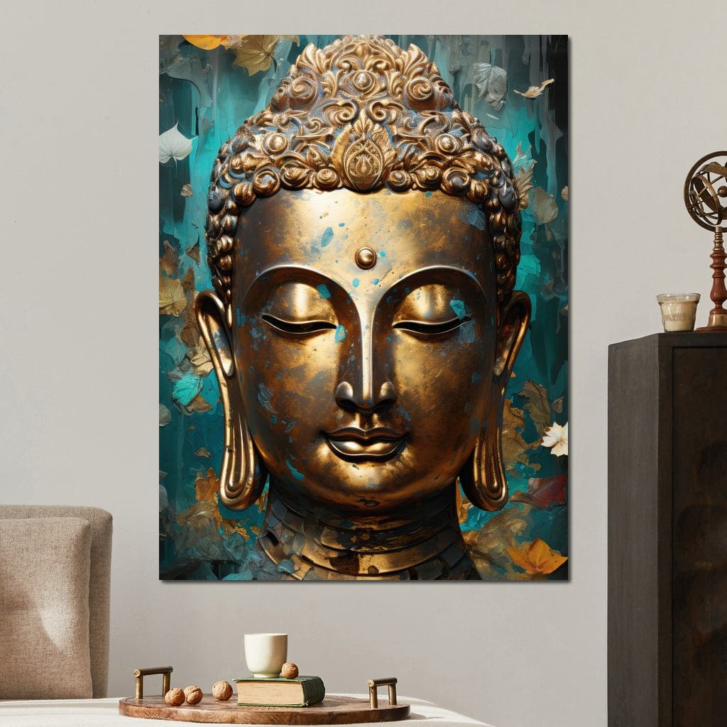 Tablou Canvas Premium LuxCanva® I127, Regal Zen, Buddha, Meditatie, Spiritualitate, Armonie, Pace Interioara, Echilibru, Eleganta, Frunze, Turcoaz, Gold, Living, Dormitor