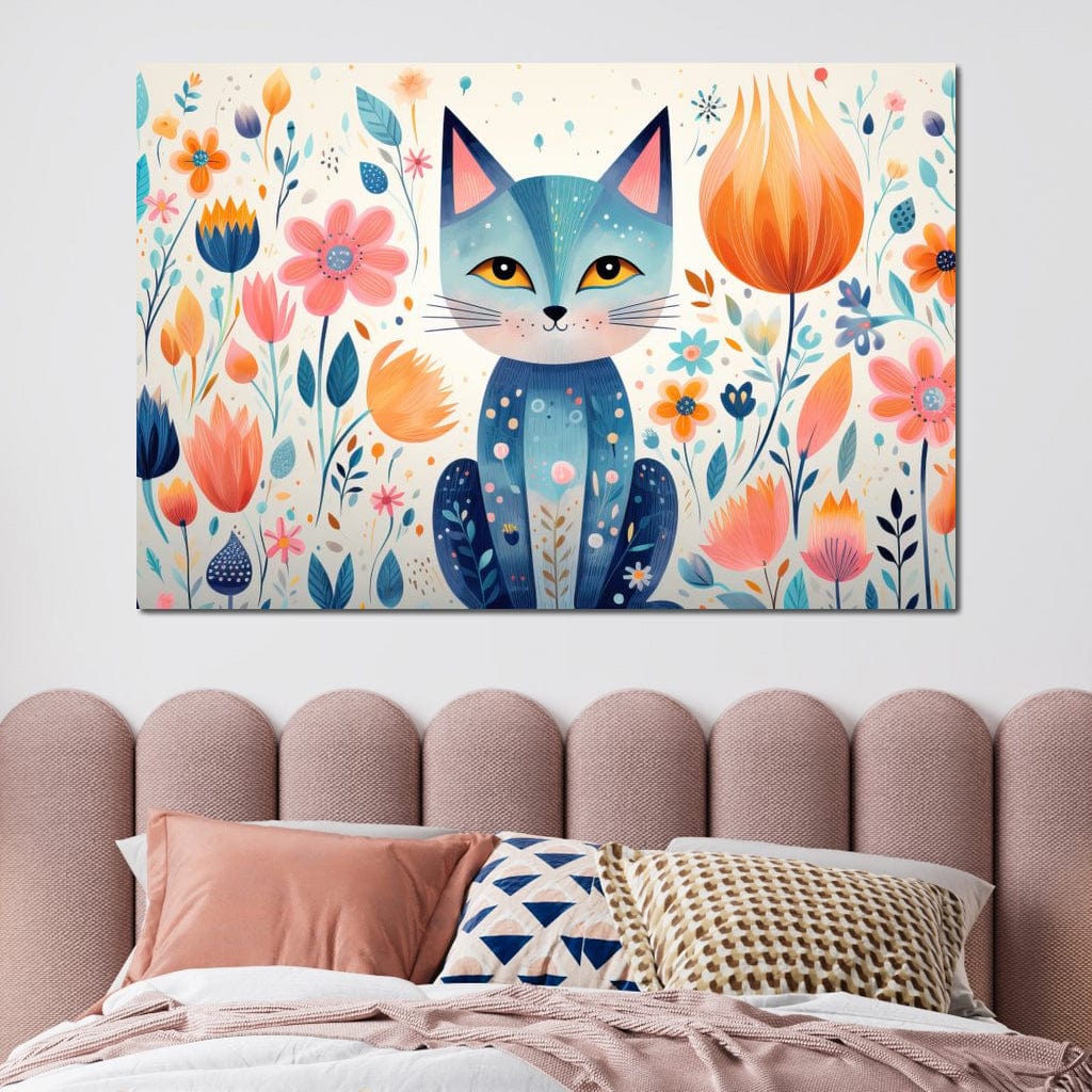 Tablou Canvas Premium, LuxCanva® K1012, Miau Printre Petale, Mustati, Urechi, Pisicesc, Zambet, Soare, Magie, Gradina, Pastelata, Decor, Fundal, Floral, Felina, Camera Copii