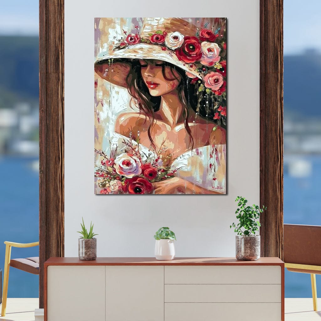 Tablou Canvas Premium LuxCanva® GV1050, Tandretea Florilor, Eleganta, Palarie, Flori, Arta, Romantism, Portret, Natura, Artistic, Vara, Living, Dormitor