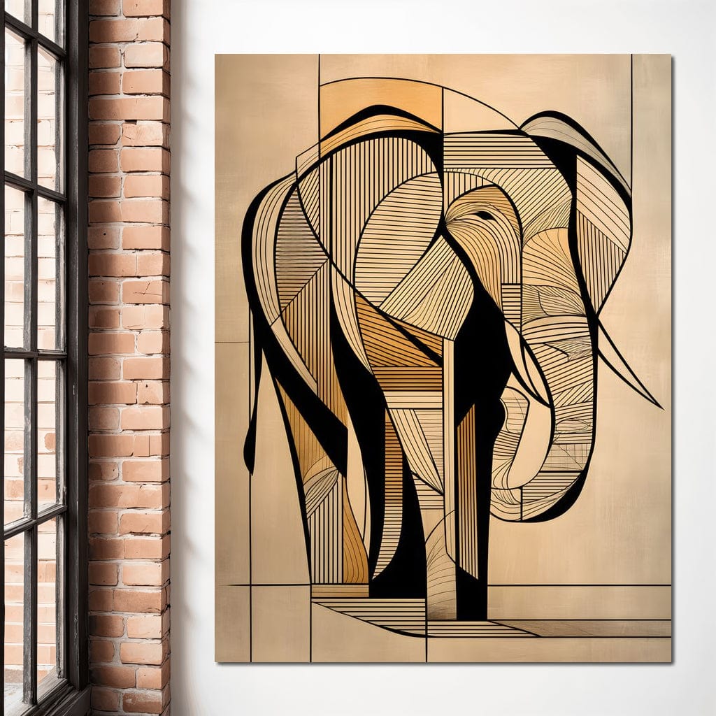 tablou canvas cu un elefant redat in linii negre si forme geometrice, in stil abstract si modern