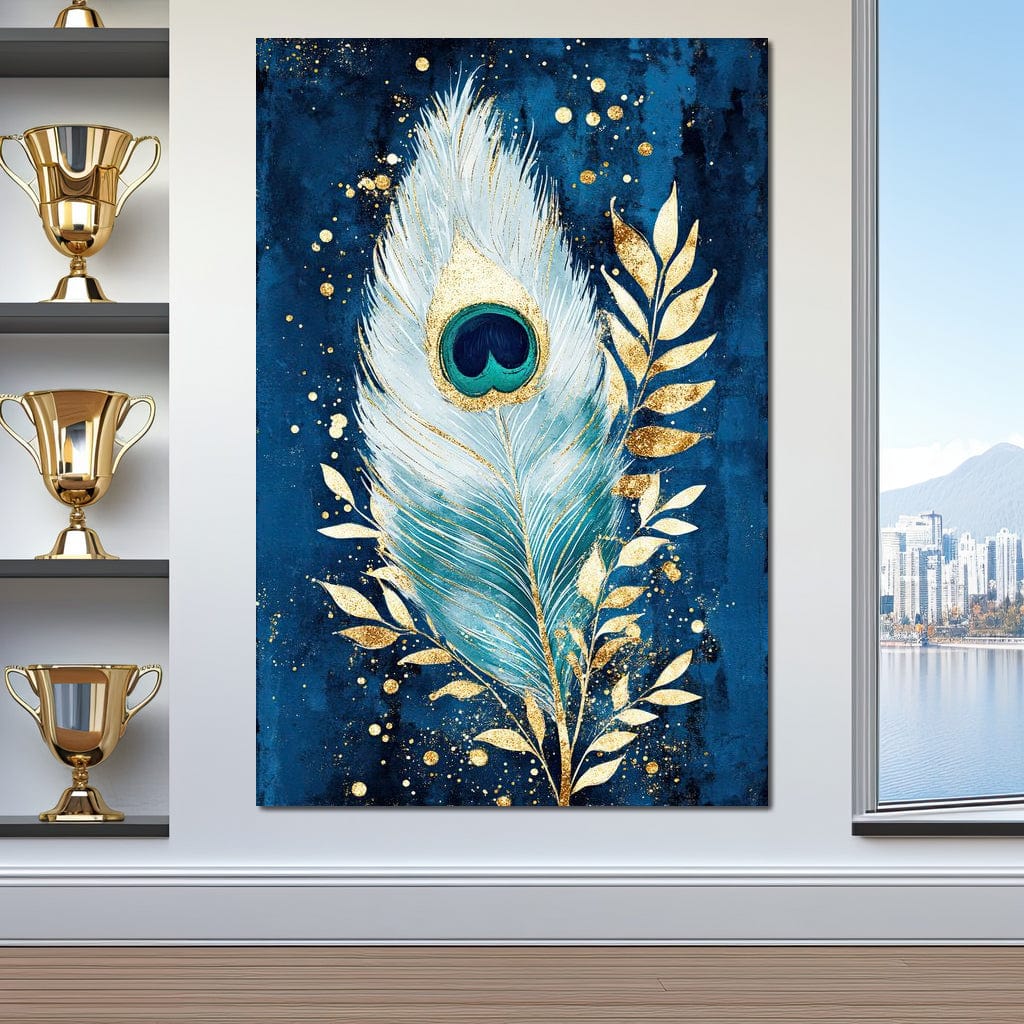 tablou canvas cu o pana de paun pictata cu accente aurii, pe fundal albastru inchis