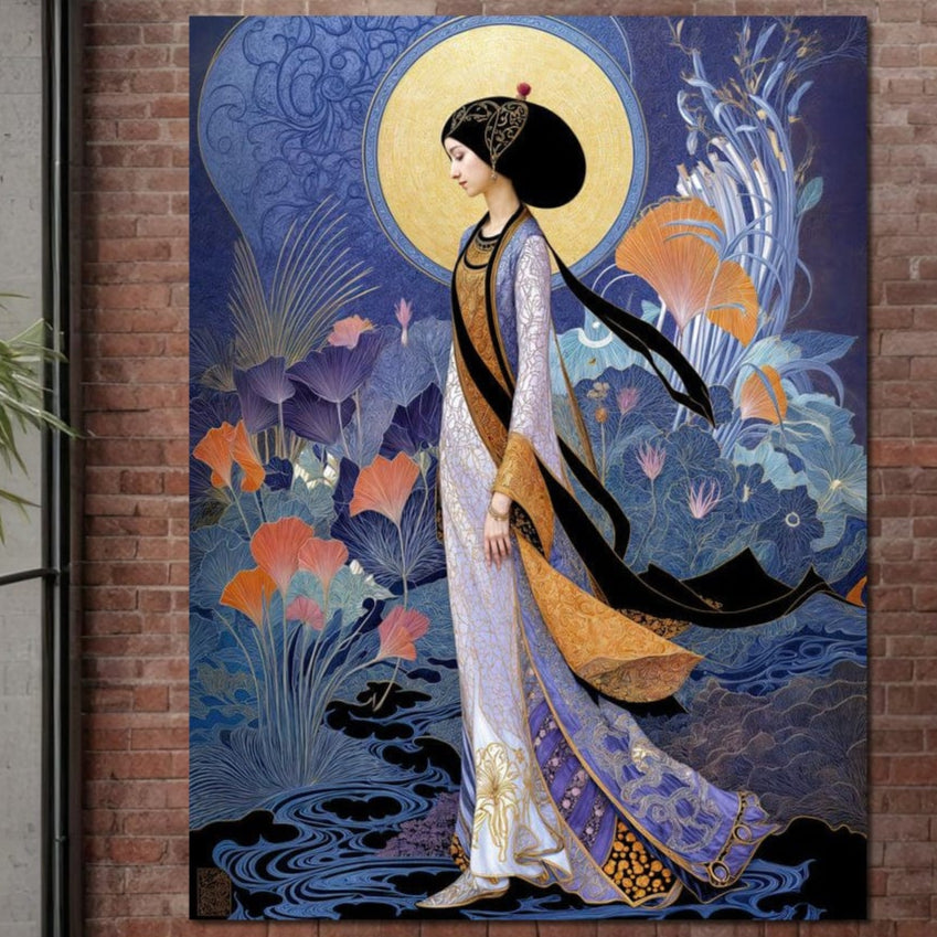 Tablou Canvas Premium, LuxCanva® G1145, Regina Gradinii Lunare, Lady, Luna, Flori, Eleganta, Oriental, Lotus, Rafinat, Art Nouveau, Mistic, Visare, Plimbare, Birou, Living