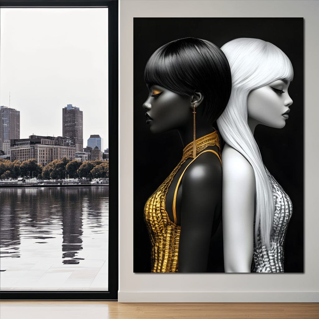 Tablou Canvas Premium, LuxCanva® G1124, Lumini si Umbre, Contrast, Alb, Negru, Dualitate, Feminina, Argint, Yin, Yang, Aur, Fete, Living, Dormitor