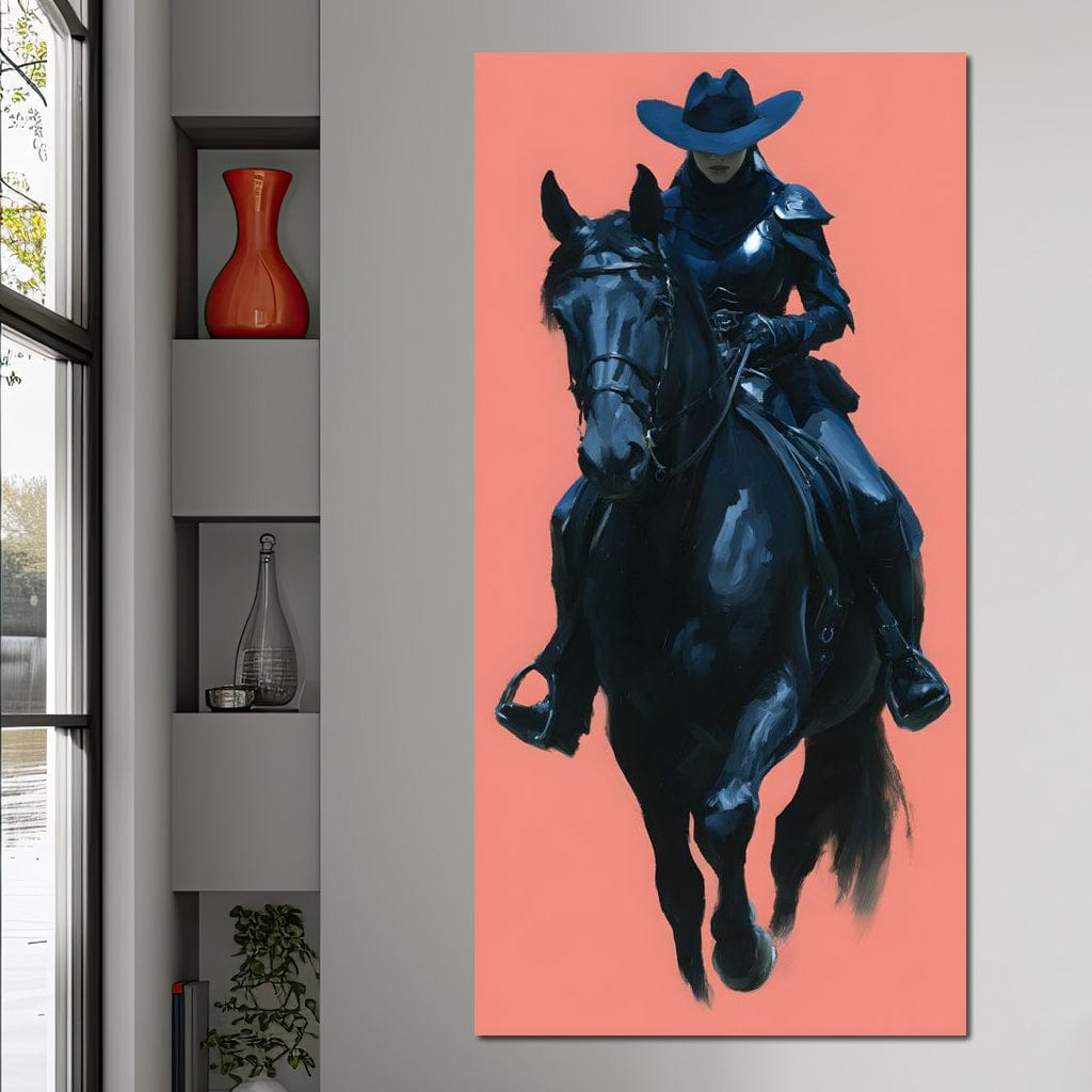 tablou canvas cu o femeie cu palarie de cowboy, calare pe un cal negru, pe fundal pastelat