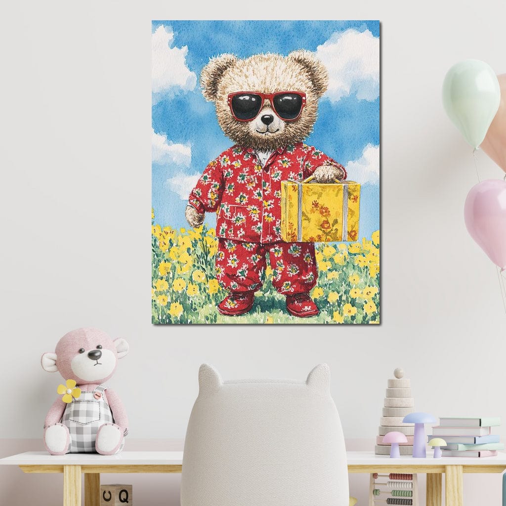 Tablou Canvas Premium, LuxCanva® K1002, Ursuletul In Vacanta, Geanta, Flori, Pijamale, Ochelari de Soare, Plus, Vacanta, Copilarie, Prieten, Aventura, Cool, Camera Copii